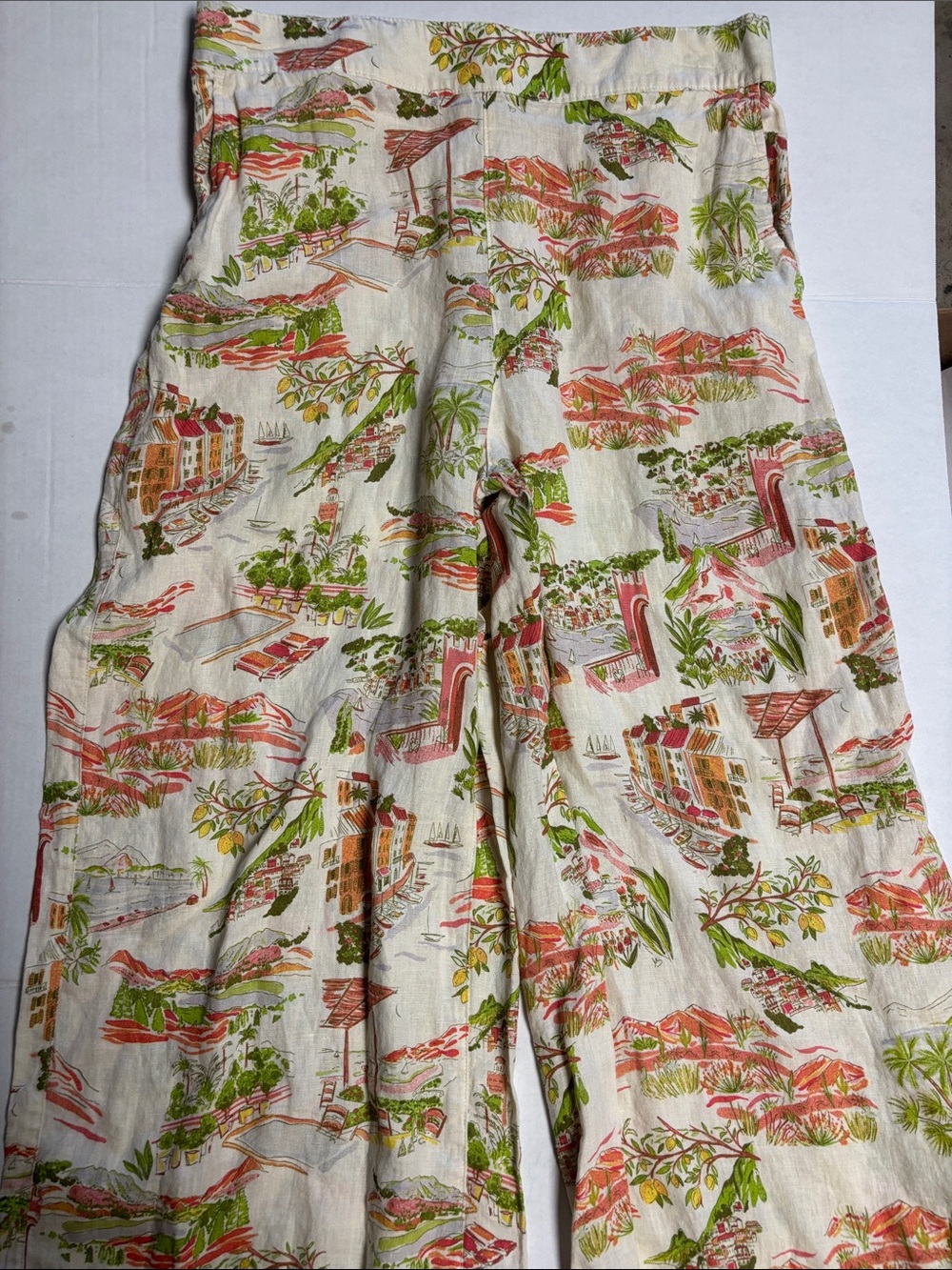 Cynthia Rowley Cream Wide-Leg Pants with Pink & Green Scenic Print- 100% Linen - Picture 2 of 4